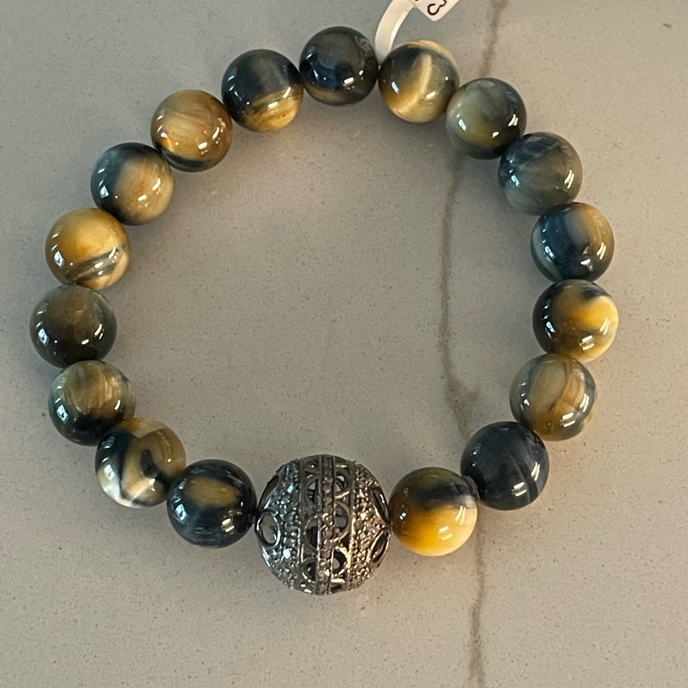 Elegant Tiger Eye Blue-Yellow & Diamond Beaded Bracelet 7” long